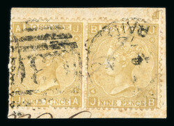 1867 9d straw JA-JB pair, fine used on piece with “C30” duplex of ...