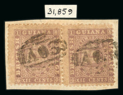 1863 12c brown-lilac used pair on small piece tied by "A03" barred ...