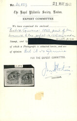 1863 12c brown-lilac used pair on small piece tied by "A03" barred ...