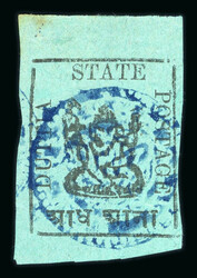 1897-98 1/2 anna blue-green (SG8b,Type II), 1 anna white on ...