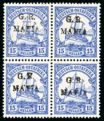 1915 overprinted 15h (type M1 in black) in block of four mint n.h., ...