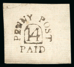 1782 Unframed horseshoe "Dockwra" type handstamp PENNY POST/PAID/14 ...