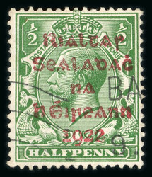 1/2d green, with proof overprint in red, used, unusual and scarce