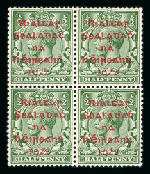 1/2d green, unused block of four showing the red proof overprint, ...