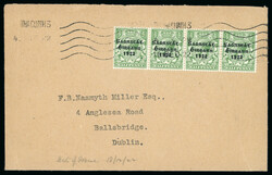 1/2d green, strip of four, neatly tied by wavy line cancel and dated ...
