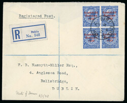 2 1/2d bright blue, block of four, neatly cancelled BAILE ÁTHA ...