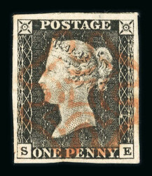1840 1d Grey-Black, Plate 1a, SE. Four margins, tied by red Maltese ...