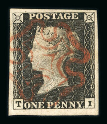 1840 1d Black, Plate 1a, TI. Good to large margins, neat brownish-red ...