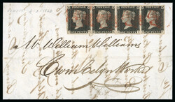 1840 1d Black, Plate 1b, horizontal strip of four DG–DJ. Fresh, ...