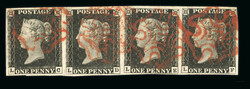 1840 1d Black, Plate 1b, horizontal strip of four LC–LF. Good ...