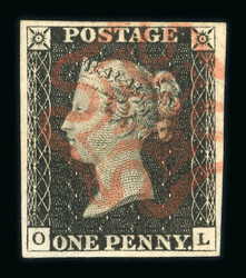 1840 1d Black, Plate 1b, OL. Four margins, tied by red Maltese Cross. ...