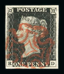 1840 1d Black, Plate 1b, RD. Fresh, fine, with four good to large ...