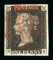 1840 1d Black, Plate 1b, RE, State 2 with burr rubs (NE of ONE nearly ...