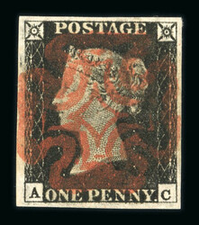 1840 1d Black, Plate 2, AC. Four good to large margins, centrally ...