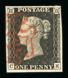 1840 1d Black, Plate 2, CK. Four good to very good margins, tied by ...