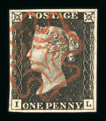 1840 1d Black, Plate 2, IL. Four margins, neat strike of red Maltese ...