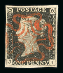 1840 1d Black, Plate 2, JI. Four margins, crisply struck central red ...