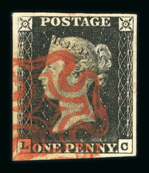 1840 1d Black, Plate 2, LC. Good margins, fine strike of orange-red ...