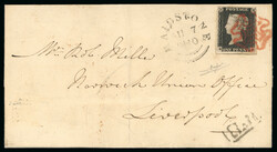 1840 1d Black, Plate 2, RE. Good to large margins on cover to ...