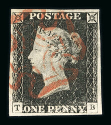 1840 1d Black, Plate 2, TB. Four margins, crisp clear red Maltese ...
