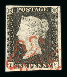 1840 1d Black, Plate 2, TF. Four margins, neat red Maltese Cross. ...