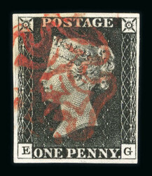 1840 1d Black, Plate 3, EG. Four margins, clear, almost complete red ...