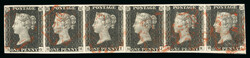1840 1d Black, Plate 3, HG–HL, horizontal strip of six. Good to ...