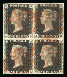 1840 1d Black, Plate 6 (AA–BB) Used Block of FourA very fresh and ...