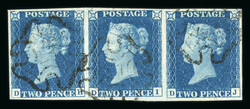1840 2d Blue, Plate 2, DH–DJ, horizontal strip of three. Good ...