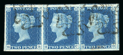 1840 2d Blue, Plate 2, HB–HD, horizontal strip of three. Very large ...
