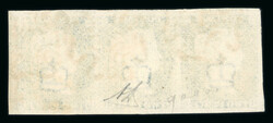 1840 2d Blue, Plate 2, HB–HD, horizontal strip of three. Very large ...