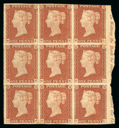 1841 1d Red-Brown, Plate 34, marginal block of nine MJ–OL, showing ...