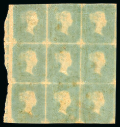 1841 1d Red-Brown, Plate 34, marginal block of nine MJ–OL, showing ...