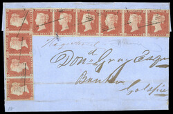 1841 1d red-brown Pl.152 GE-GJ, strip of six, plus two pairs, all ...