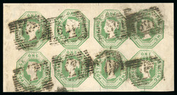 1847–54 1s Pale Green, Die 2, used block of eight. Large margins ...