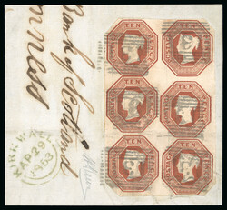 1847–54 10d Brown, block of six with clear to large margins and ...