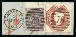 1847–54 10d Brown, four large margins, on piece with 1862 6d Lilac, ...