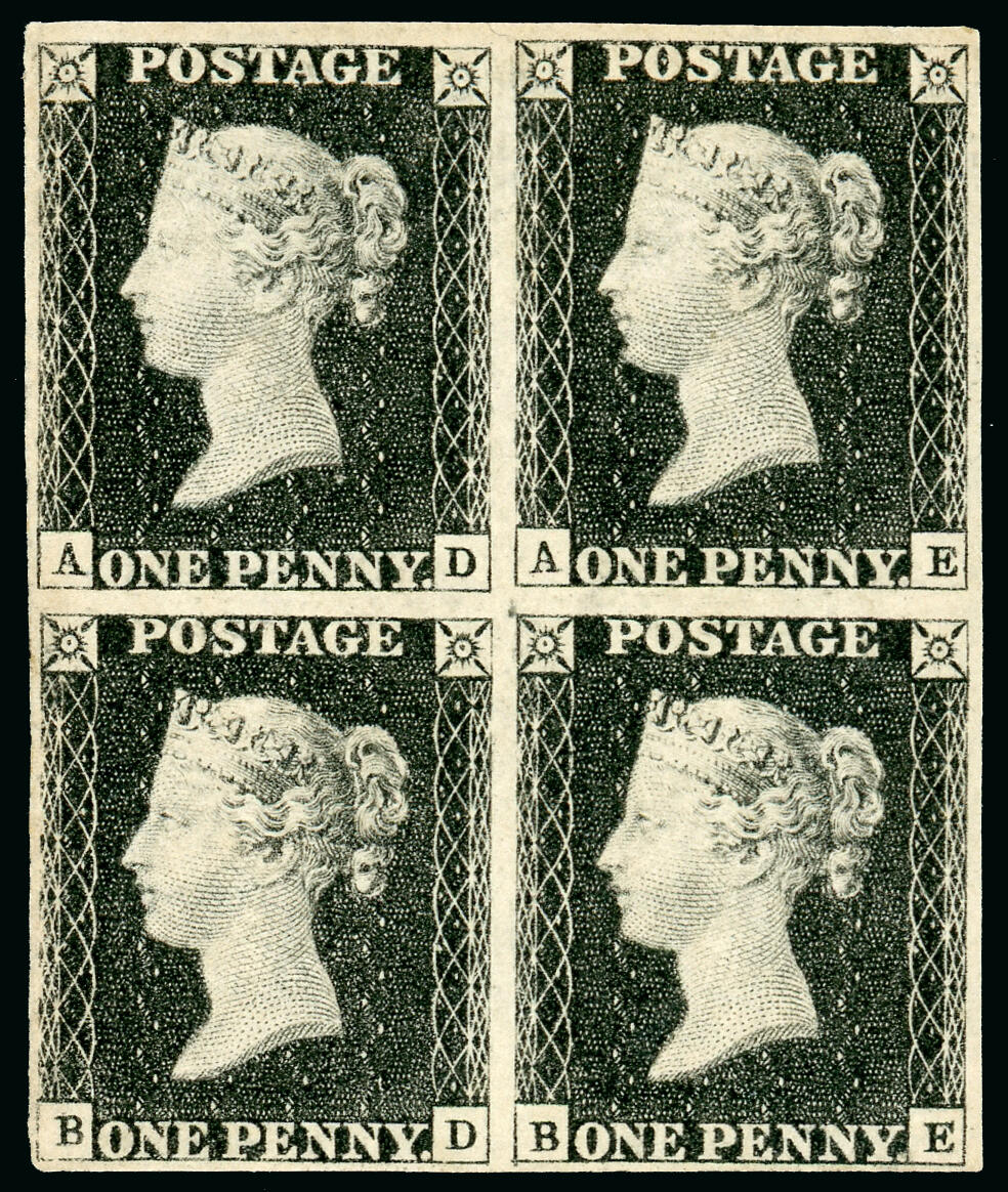 1840 1d. black Pl.4, AD-BE, a magnificent mint block of four with ...