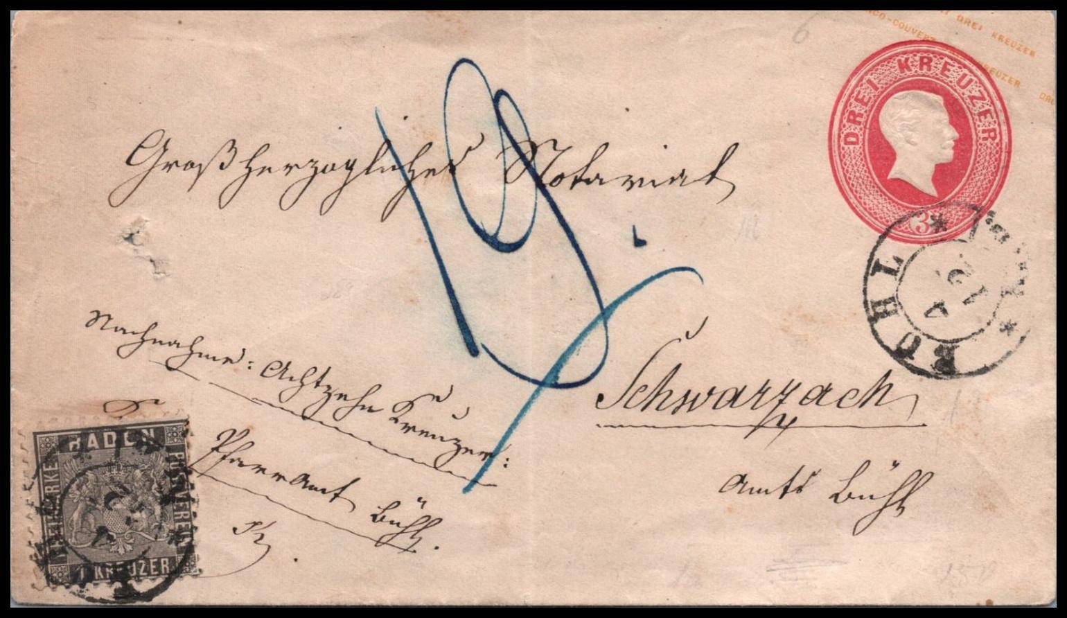 1 Kr. grauschwarz, kleine Mängel, mit K2 "Bühl" auf ...