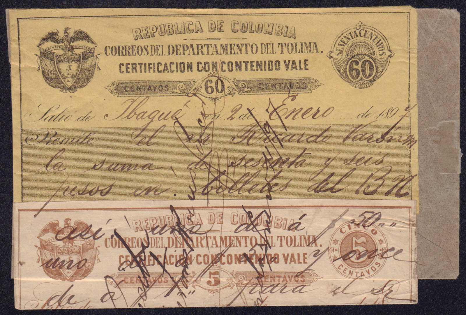 Lot 258 - Kolumbien Departamentos Tolima Wertbriefversicherung - Auction House Thomas Schantl PREMIUM online live auction Lot 258 - Kolumbien Departamentos Tolima Wertbriefversicherung - Auction House Thomas Schantl PREMIUM online live auction