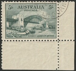1932 Bridge 5/- green plate dot corner single - lower right (sheet D) ...