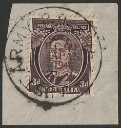 1946 BCOF Japan thin trial GOLD opt KGVI 3d brown. VFU on small piece ...