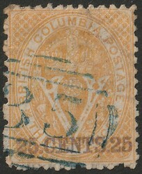1868-71 Crown V 25c yellow, perf 12½. VFU, barred oval 85 pmk. SG 25 ...