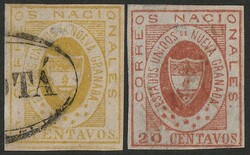 1861 Arms 5c yellow & 20c red. VFU appearance, small thin, 4 margins. ...