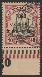 Togo: 1914 thin opt Yacht 40pf black & carmine. VFU, part Anecho cds, ...