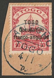 Togo: 1915 Thick opt Yacht 10pf carmine. VFU, on piece with 'Anecho ...
