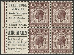 1929 PUC 1½d brown booklet pane of 4 with 2 labels, wmk inverted. VF ...