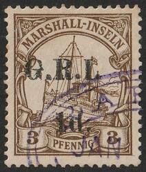 1914 'G.R.I. 1d' 5mm opt Marshalls Yacht 3pf brown. VFU, oval Rabaul ...