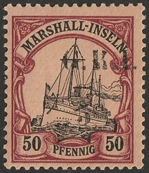 1914 'G.R.I. 5d' 5mm opt Marshalls Yacht 50pf black & purple/buff, ...