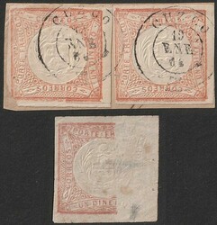 1862-66 Arms Embossed 1P pale vermilion, 2 on piece, error FRAME ...